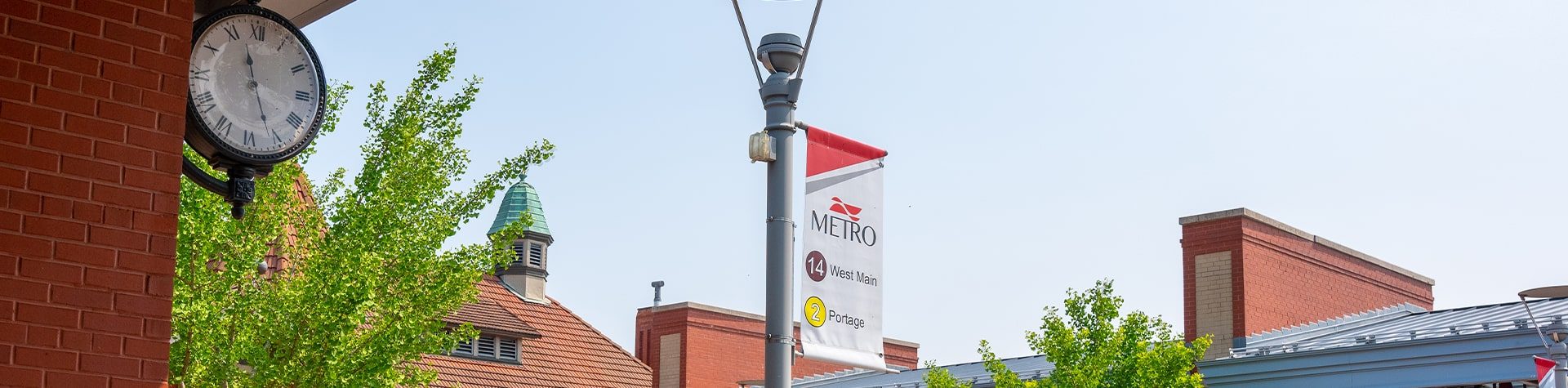 An image of a Kalamazoo Metro banner at the Kalamazoo Transportation Center.