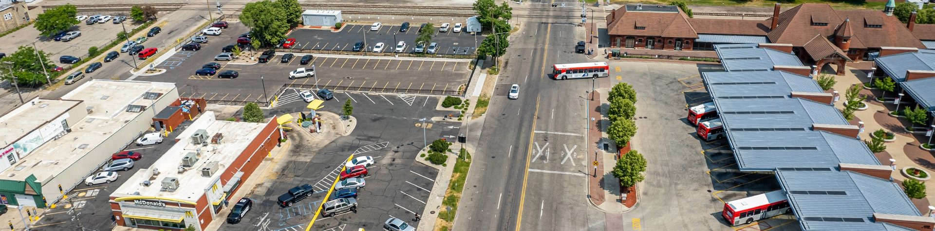 An aerial photograph of the Kalamazoo Transportation Center's bus parking.