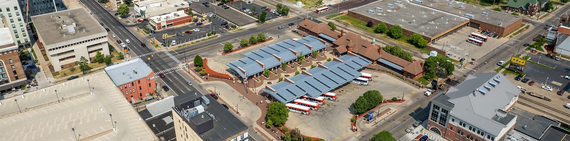 An aerial photograph of the Kalamazoo Transportation Center.