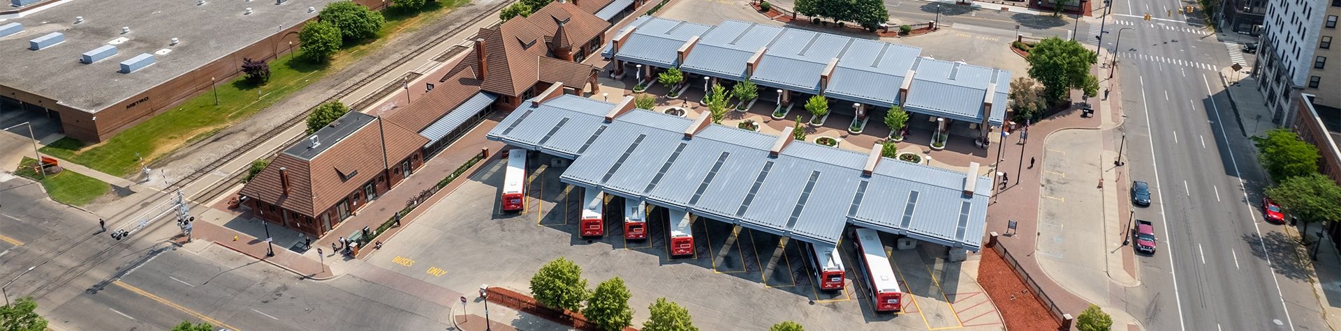 An aerial photograph of the Kalamazoo Transportation Center's bus parking.